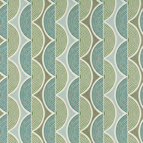 Decoratieve stof met het Acosta Paraná OD 142 62-patroon van Elitis, met herhalende geometrische vormen in blauw- en groentinten.
