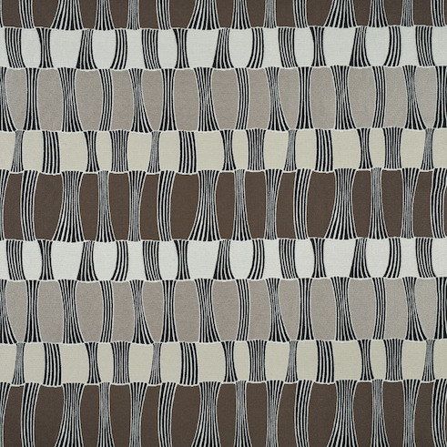 Geweven stofpatroon van Elitis Acosta Santa Cruz OD 141 05 met abstracte, golvende verticale strepen in neutrale bruine en beige tinten.