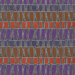 Textielpatroon van Elitis-stof Acosta Santa Cruz OD 141 22 met abstracte vormen in paars, bruin en oranje.