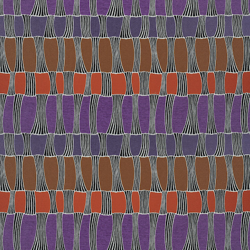 Textielpatroon van Elitis-stof Acosta Santa Cruz OD 141 22 met abstracte vormen in paars, bruin en oranje.