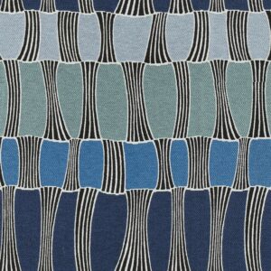 Textielpatroon van de Elitis-stof Acosta Santa Cruz OD 141 45 met golvende vormen in blauw-, groen- en grijstinten en zwarte lijnen.