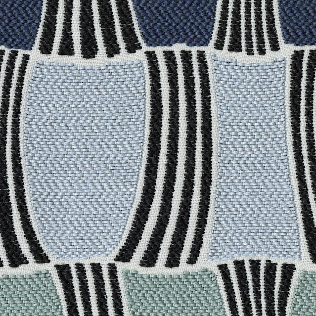Detail van de Elitis-stof Acosta Santa Cruz OD 141-45 met een geometrisch patroon in blauw, groen en zwart.