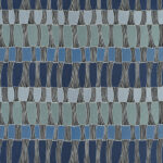 Textielpatroon van Elitis-stof Acosta Santa Cruz OD 141 45 met gebogen rechthoeken in blauw-, groen- en grijstinten en zwarte lijnaccenten.