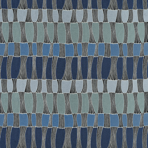 Textielpatroon van Elitis-stof Acosta Santa Cruz OD 141 45 met gebogen rechthoeken in blauw-, groen- en grijstinten en zwarte lijnaccenten.