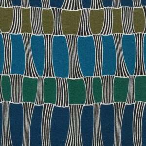 Textielpatroon van Elitis-stof Acosta Santa Cruz OD 141 62 met golvende verticale vormen in blauw, groen en olijf met zwarte en witte lijnen.