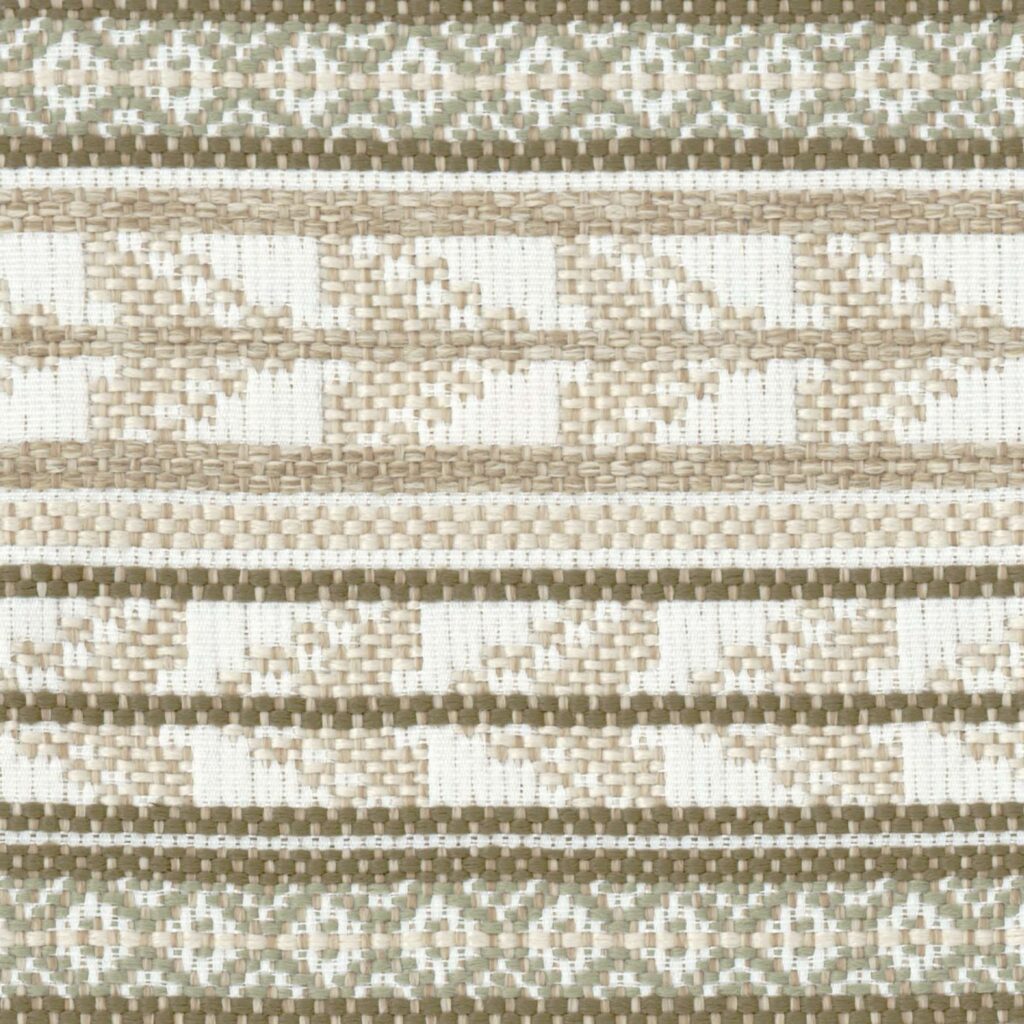 Detail van de Elitis-stof Acosta Santa Rosa OD 137 05 met een geweven patroon in beige, wit en groene tinten.