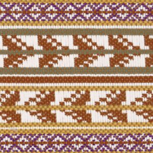 Gedetailleerde geweven Elitis-stof Acosta Santa Rosa OD 137-22 met geometrisch patroon in bruin, wit, paars en goud.
