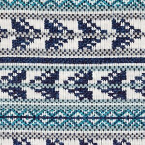 Detail van Elitis-stof Acosta Santa Rosa OD 137 45 met een geweven patroon in blauw, turquoise en wit.