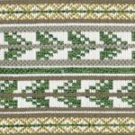 Detail van de Elitis-stof Acosta Santa Rosa OD 137-62 met groen, wit, geel en bruin geometrisch en bladachtig geweven patroon.