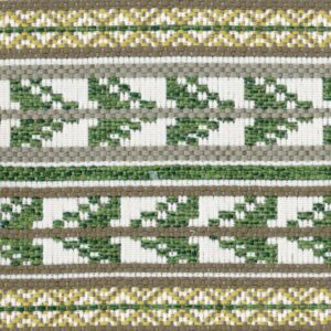 Detail van de Elitis-stof Acosta Santa Rosa OD 137-62 met groen, wit, geel en bruin geometrisch en bladachtig geweven patroon.