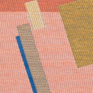 Abstract patroon van de Elitis-stof Alchimia Corso LR 343 51 met geometrische vormen in roze, geel, oranje en blauw.