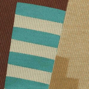 Stofpatroon Elitis Alchimia Corso LR 343 71 met geometrische vormen in turquoise, beige en bruin.