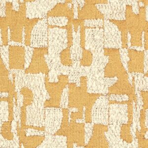 Detail van Elitis-stof Alchimia Giorgio LR 344 26 met een abstract patroon in wit op een gouden achtergrond.