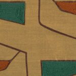 Detail van de Elitis-stof Alchimia Grafico LZ 889 67 met geometrisch patroon in okergeel, bruin, groen en oranje.
