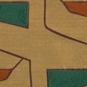 Detail van de Elitis-stof Alchimia Grafico LZ 889 67 met geometrisch patroon in okergeel, bruin, groen en oranje.