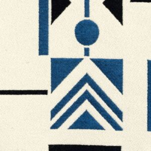 Detail van Elitis-stof Alchimia Mondo LR 342 45 met geometrisch patroon in blauw, zwart en wit.