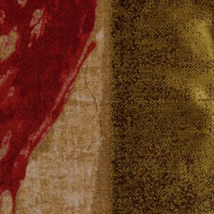 Close-up van Elitis-stof Craft Chic Allegoria LR 339 32 met abstract rood, beige en goud patroon.