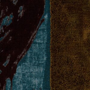 Detailopname van de Elitis-stof Craft Chic Allegoria LR 339 49 met een abstract patroon in bruin, blauw en goudtinten.