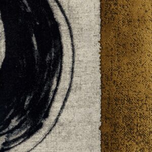 Close-up van de Elitis-stof Craft Chic Allegoria LR 339 80 met abstract zwart patroon op beige achtergrond en een goudkleurige textuurzijde.