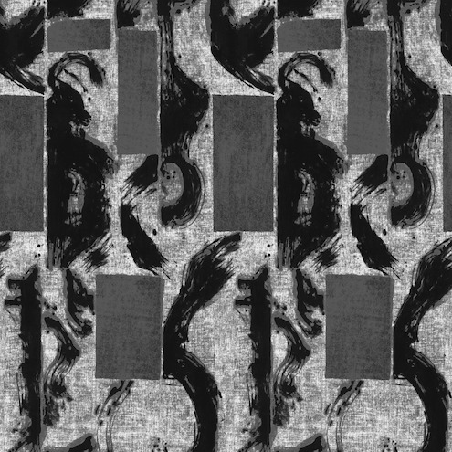 Abstract patroon van de Elitis-stof Craft Chic Allegoria LR 339 80 met grijze vlakken en zwarte penseelstreken op een textielachtige achtergrond.