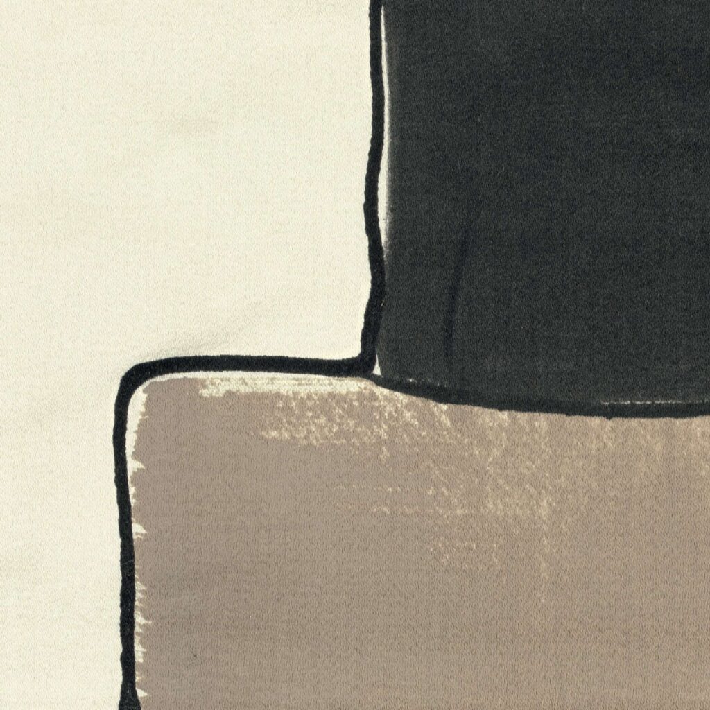 Abstract patroon op Elitis-stof Craft Chic Arte LF 343 01 in beige, zwart en crème tinten.