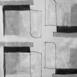 Abstract patroon van Elitis-stof Craft Chic met grijze vlakken en zwarte omlijnde vormen.