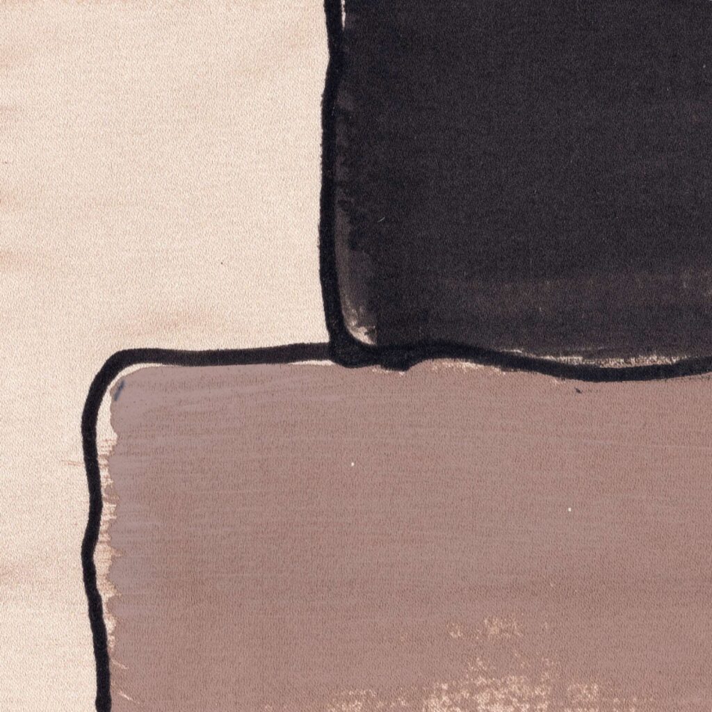 Abstracte Elitis-stof "Craft Chic" met overlappende rechthoeken in bruin- en beigetinten.