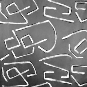 Abstract patroon op Elitis-stof Craft Chic Istinto LF 344 21 met witte, organische lijnen op een grijze achtergrond.