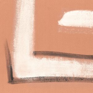 Abstracte close-up van Elitis-stof Craft Chic Istinto LF 344 51 met brede penseelstreken in wit en donkerbruin op een terracottakleurige achtergrond.