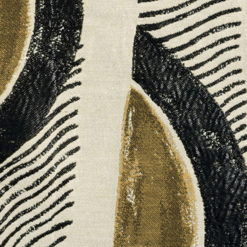 Abstract patroon in Elitis-stof Craft Chic Mistero LR 338 02 met gebogen lijnen in zwart, goudbruin en beige.