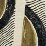 Abstract patroon in Elitis-stof Craft Chic Mistero LR 338 02 met gebogen lijnen in zwart, goudbruin en beige.