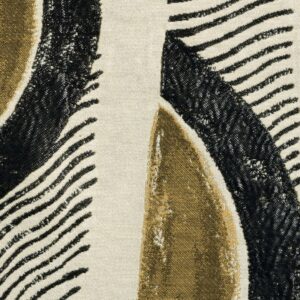 Abstract patroon in Elitis-stof Craft Chic Mistero LR 338 02 met gebogen lijnen in zwart, goudbruin en beige.