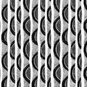 Zwart-wit stofpatroon van Elitis met golvende verticale lijnen en abstracte bladvormen uit de Craft Chic Mistero LR 338 24 collectie.
