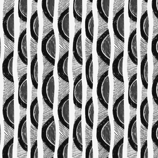 Zwart-wit stofpatroon van Elitis met golvende verticale lijnen en abstracte bladvormen uit de Craft Chic Mistero LR 338 24 collectie.
