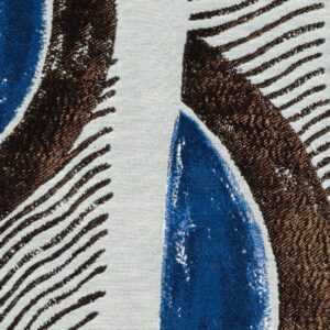 Detail van de Elitis-stof Craft Chic Mistero LR 338 40 met abstract patroon in blauw, bruin en crème.