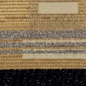 Detailopname van de Elitis-stof Craft Chic Regina LR 335-05 met een gelaagd patroon van goud, beige, grijs en zwart textiel.