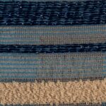 Detail van de Elitis-stof Craft Chic Regina LR 335 41 met geweven textuur in blauwe en beige tinten.