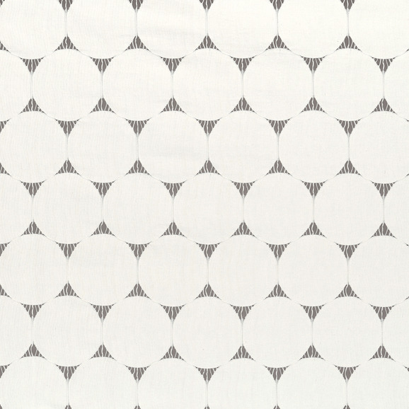Patroon van de Elitis-stof Ephemere Atome LW 907 01 met regelmatige witte cirkels op een subtiel grijs geometrisch achtergrondmotief.