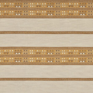 Beige Elitis-stof met horizontale banen in aardetinten en een geometrisch Escondido Alma WO 114 22-patroon.