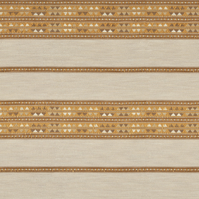 Beige Elitis-stof met horizontale banen in aardetinten en een geometrisch Escondido Alma WO 114 22-patroon.