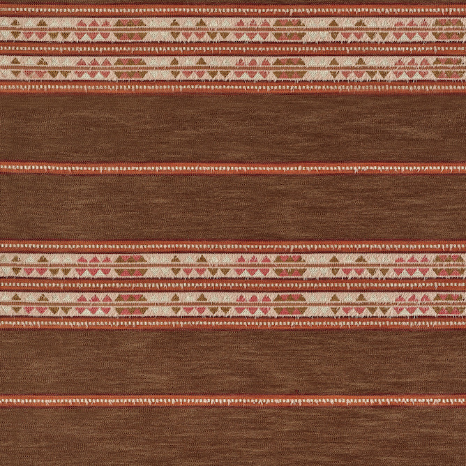 Bruin textiel met horizontale strepen en een kleurrijk geometrisch patroon uit de Elitis-stof Escondido Alma WO 114 35.