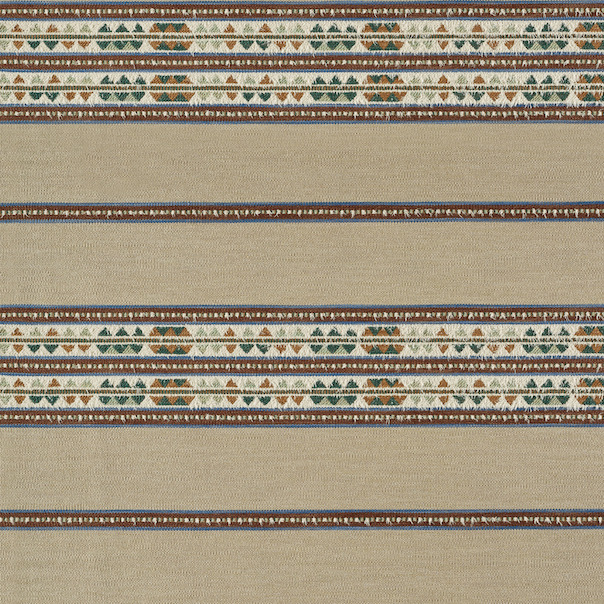 Beige Elitis-stof Escondido Alma WO 114 41 met horizontale strepen en etnisch geïnspireerd patroon in groen, oranje en donkerbruin.