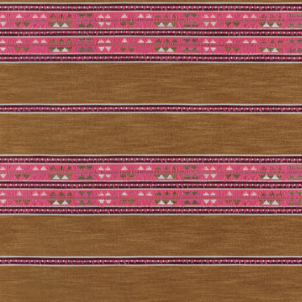 Stofpatroon Elitis Escondido Alma WO 114 56 met horizontale bruine banen en kleurrijke etnische motieven in roze, wit en groen.