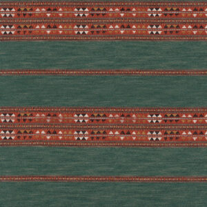 Groen textielpatroon van Elitis-stof Escondido Alma WO 114 67 met horizontale etnisch geïnspireerde banen in rood, wit en zwart.