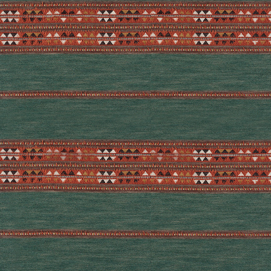 Groen textielpatroon van Elitis-stof Escondido Alma WO 114 67 met horizontale etnisch geïnspireerde banen in rood, wit en zwart.
