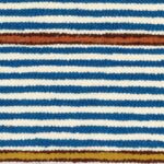 Gestreepte Elitis-stof Escondido Xalapa LR 357 41 met afwisselende blauwe, witte, bruine en okergele banen.