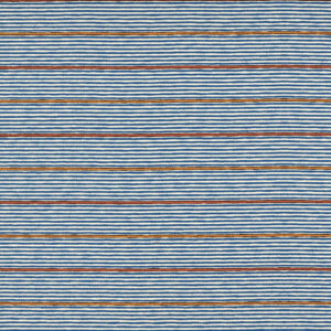 Textielpatroon Elitis Escondido Xalapa LR 357 41 met horizontale strepen in blauw, wit, oranje en okergeel.