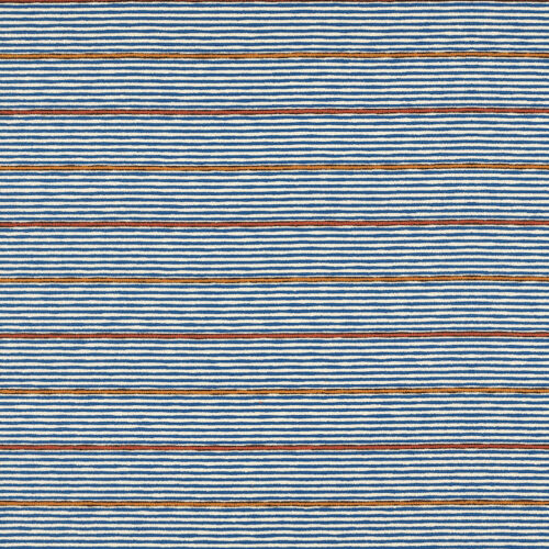 Textielpatroon Elitis Escondido Xalapa LR 357 41 met horizontale strepen in blauw, wit, oranje en okergeel.