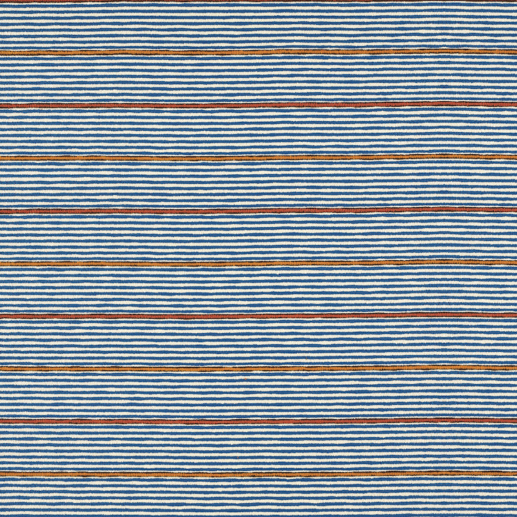 Textielpatroon Elitis Escondido Xalapa LR 357 41 met horizontale strepen in blauw, wit, oranje en okergeel.