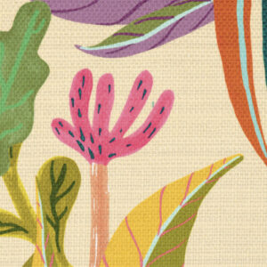 Detail van Elitis-stof Izamal CN 001-22 met kleurrijk botanisch patroon op geweven textiel.